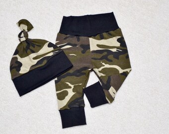 Baby Boy Outfit, Green Brown Camo Baby outfit, Soft Leggings and Hat, Take home outfit, Baby Gift