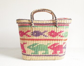 vintage woven basket / large straw basket with lid and handles / colorful storage basket bag