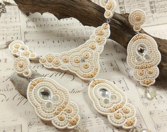 Wedding jewelry sets for brides jewelry gift Unique gift Wedding soutache jewelry Champagne White jewelry Elegant jewelry Statement jewelry