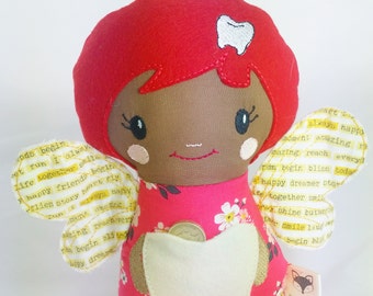 Tooth fairy doll with pocket. Tooth fairy pillow, fabric doll, doll with wings, personalise, custom made or ready to post. CE mark. Soft toy