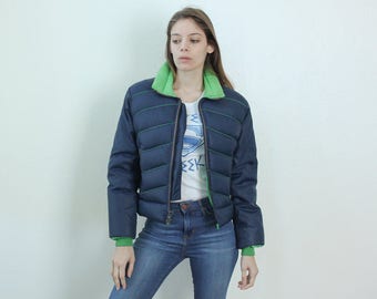 Vintage Ski Jacket // 70s Puffy Jacket Striped Blue Green Goose Down Puffer Winter Coat Womens - Small