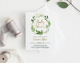 Baby Shower Invitation | Greenery Invitation | Printed Invitation | Watercolour Leaves | Wreath | Greenery Baby Shower Invitation | Leaves