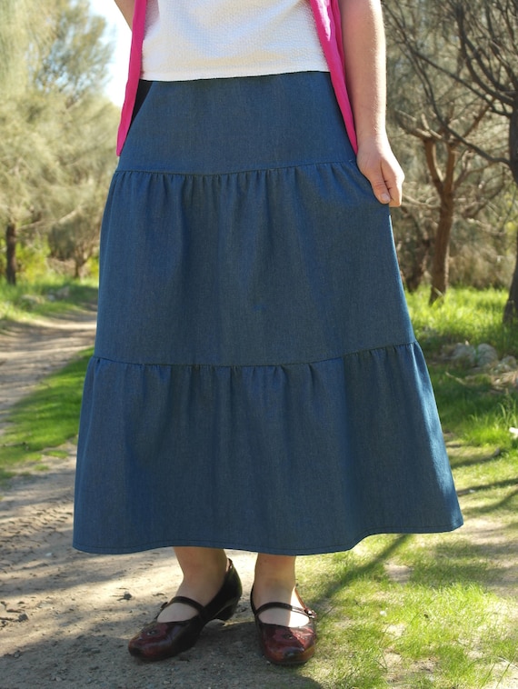 Modest 3-tiered denim skirt
