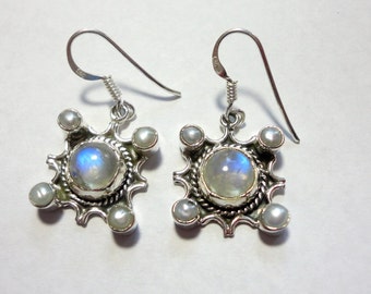 Moonstone Earrings Rainbow Moonstones and Pearls In Solid Sterling Silver Bali Style Setting on Sterling Hook Wires