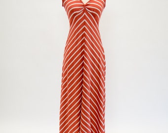 Vintage 70s Curve Hugging Burnt Rusty Orange and White Chevron Striped Maxi Dress, Womens Size Small Medium