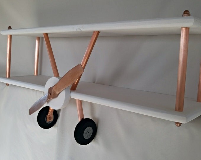 LARGE White Airplane Shelf, Biplane Shelf, White and Copper Airplane Shelf, Industrial Airplane Shelf, Airplane Decor