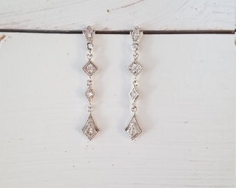 Dainty Elegant Polished Sterling Silver 925 Antique Vintage Look White Sparkling CZ Dangle Drop Special Occasion Bridal Wedding Earrings