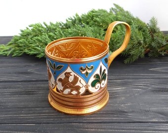 Vintage glass holder Collectibles Metal enamel glass-holder Soviet vintage russian tea glass holder Podstakannik with celtic animal decor
