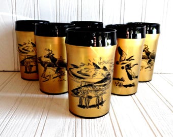 Vintage Gold NFC Thermal Insulated Wildlife Tumblers 10 Oz Set of Six 1960s, Retro Drinkware, Vintage Barware, Wedding Gift, Gifts for Him