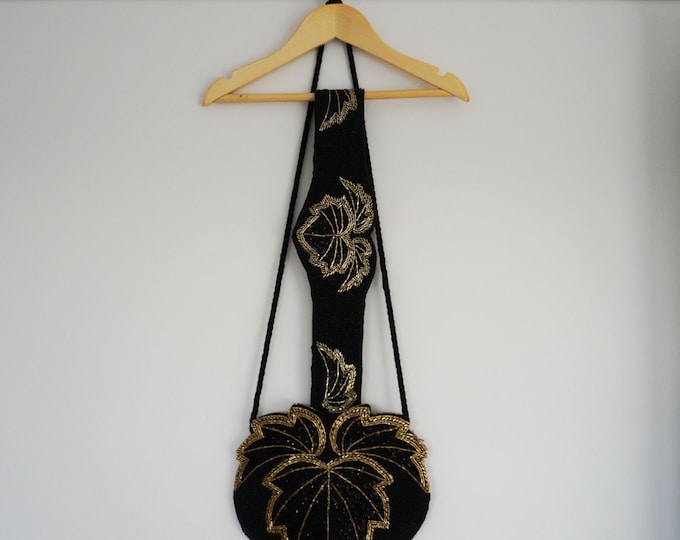 Black Beaded Bag, Vintage 1980s Sequin Bag, Shoulder Bag, Matching Bag Belt Set, Evening Bag Gold Sequin Bag Art Deco Bag Fun Fashion Tumblr