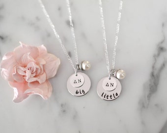 Sorority Big and Little Necklace SET of TWO with Greek Letters and Pearl Charm - Big & Little Gift/Present for Initiation or Reveal