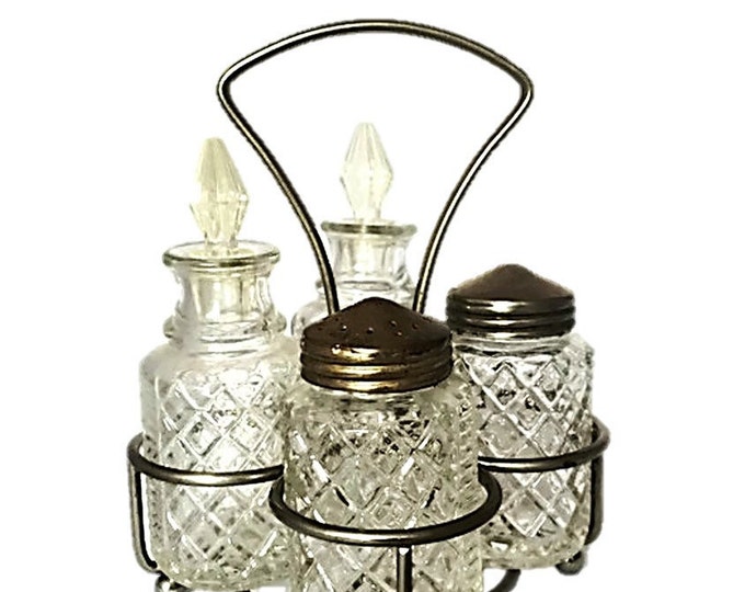 Vintage Cruet Set with 4 Cut Crystal Glass Bottles | Made in England by Eales of Sheffield | Silver Plated Holder