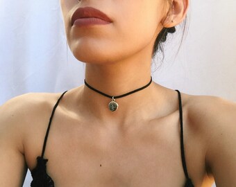 Thin black chokers/black choker with silver pendant/dainty black chokers/Tree of Life Choker/delicate black choker/black leather choker