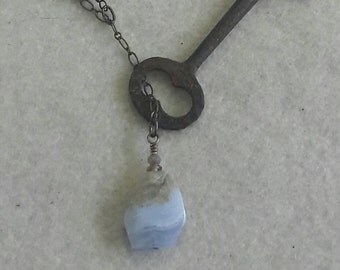 Asymmetrical stone and skeleton key necklace