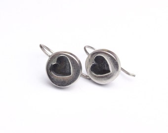 Round Small Sterling Silver 925 Disc Earrings with Tiny Heart