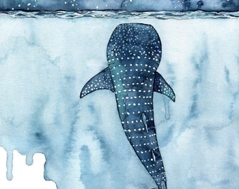 Watercolor Whale Shark Painting - Print titled, "Stars Collide" Whale Shark Painting, Shark, Whale Art, Whale Print, Beach Decor, Stars