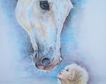 Bambina e cavallo, ritratto personalizzato, bambina dipinta, dipinto animali \ baby and horse painting, customized portrait, animal painting