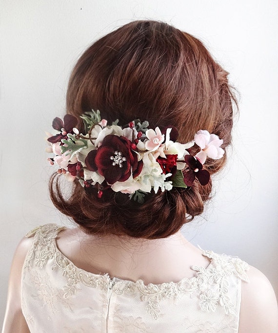 bridal headpiece, burgundy wedding headpiece, bridal hair piece, floral headpiece, bridal hair clip, bridal hair comb, floral hair piece