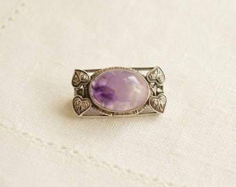 Antique Art Nouveau AMETHYST Sterling Silver Floral Brooch, Arts and Crafts Brooch