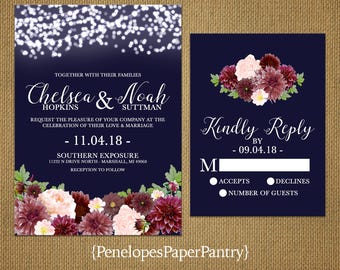 Elegant Rustic Fall Wedding Invitation,Navy Blue,Burgundy,Blush,Glowing Fairy Lights,Rustic,Romantic,Custom,Printed Invitation,Wedding Set