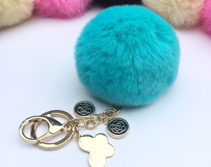 DIY Make your own Aqua Blue Real Genuine Rabbit fur pom pom keychain puff ball charm keyring