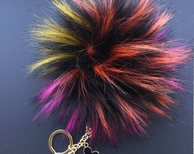 NEW! Faux Fox multicolor Fur Pom Pom bag Keyring Hot Couture Novelty keychain pom pom fake fur puff keyring