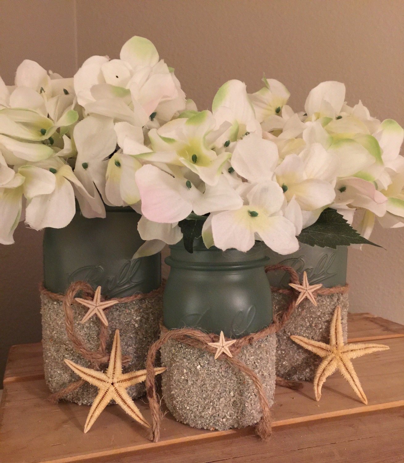 Seaglass Beach centerpieces Mason jar Coastal wedding