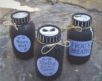 Sally's Jars Nightmare Before Christmas SALLYS Potion BOTTLES SET of 3 Mason Jars Worms Wort Frogs Breath Deadly Nightshade