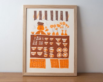 Fragile Finds, Orange A3 Screen Print. Inspired By Traditional 1930 English Market place and Designed by Toby Rampton. History Vintage