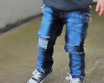 Asher jeans - baby , toddler , kids - Boy's skinny OR straight fit hand - distressed (Sizes 6m-12y) ( denim , trendy pants - girls and boys