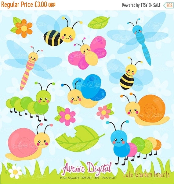 SALE Cute Garden bugs Clipart. Scrapbook by AvenieDigital on Etsy