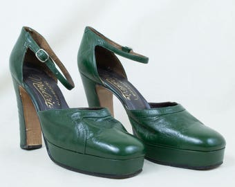 Vintage 70s Italian Leather Dark Green Disco Platforms Shoes