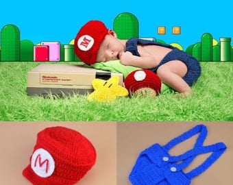 Super Mario Bros - Baby Photo Prop Crochet Diaper Cover Set Baby Boy Crochet Outfit Baby Mario Costume Hat Photo Prop