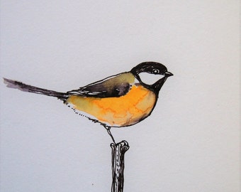 bird art, original bird drawing, bird watercolor, great tit, garden bird, garden birds, bird original, Parus major, Passerine, totem animal