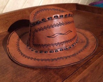 Vintage leather cowboy hat, cowboy hat, leather cowboy hat, leather hat, stamped leather hat, vintage hat, men's hat
