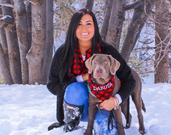 Buffalo plaid dog bandana, personalized. Optional matching owner scarf . Available in red or cobalt. All cotton flannel for cozy comfort