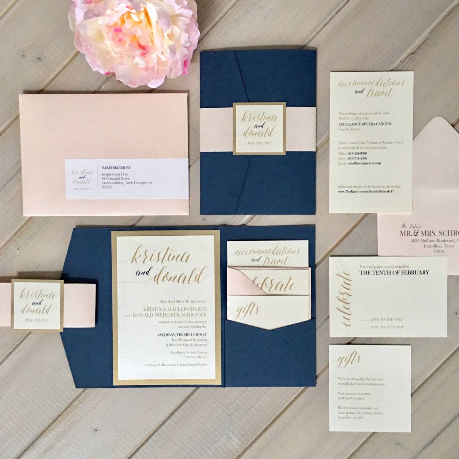 Navy Blush and Gold Wedding Invitations Navy and Pale Pink