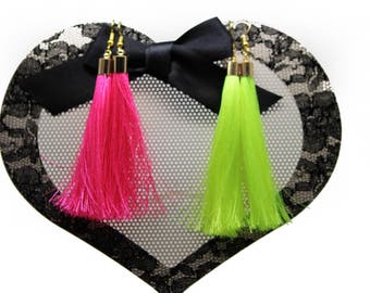 Neon Fluorescent Long tassel earrings gold cap hook earrings Many colors Silky thread tassel earrings