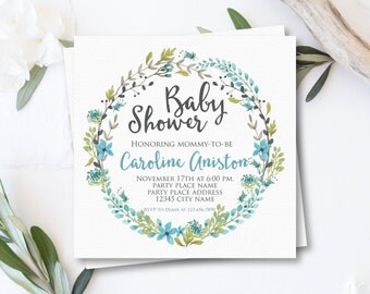 Baby Shower Invitation Boy Printable - Floral Baby Boy Shower Invitation - Boy Wreath Floral - Watercolor Invitation