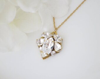 Wedding necklace, Simple vintage style rhinestone and gold bridal necklace, Swarovski crystal pendant necklace, Bridesmaid necklace