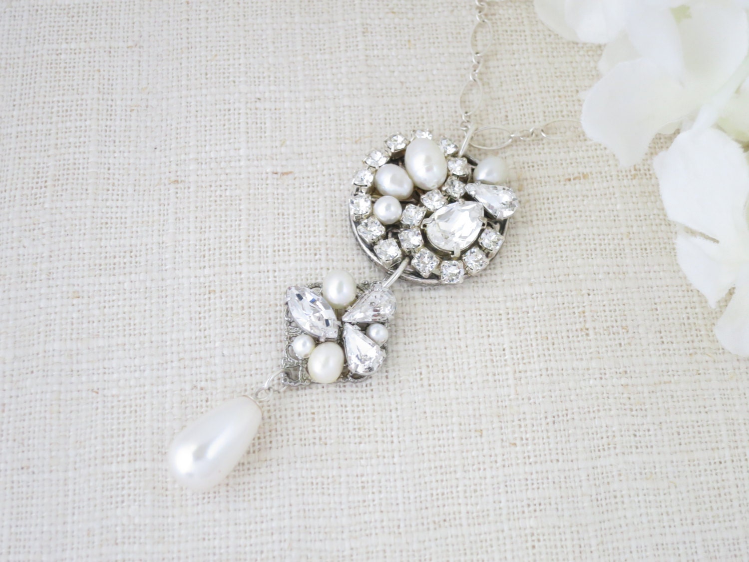 Art Deco bridal necklace, Vintage pendant necklace, Swarovski statement wedding necklace