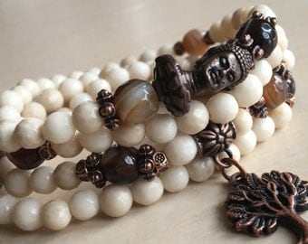 Wood Petrification,Tibetan Zen Mala 108,Mala Bead Agate 108,Pulsera Buda,Mala Tree of Life,Arbol de la Vida,Yoga Bracelet,Tree of Life Buda