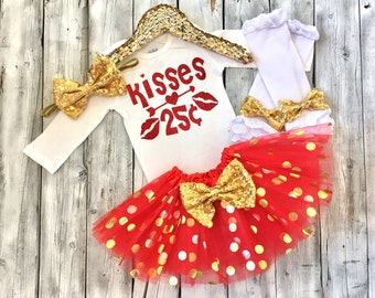 Baby girl first Valentines outfit, 1st Valentines outfit, red gold valentines outfit, baby girl Valentines outfit, Valentines onesie, kisses