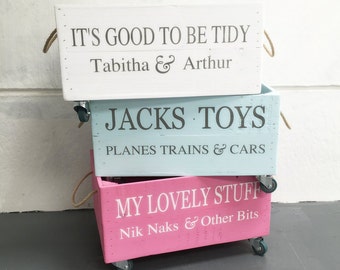 Personalised Wooden Toy Storage Crate with rope handles and wheels