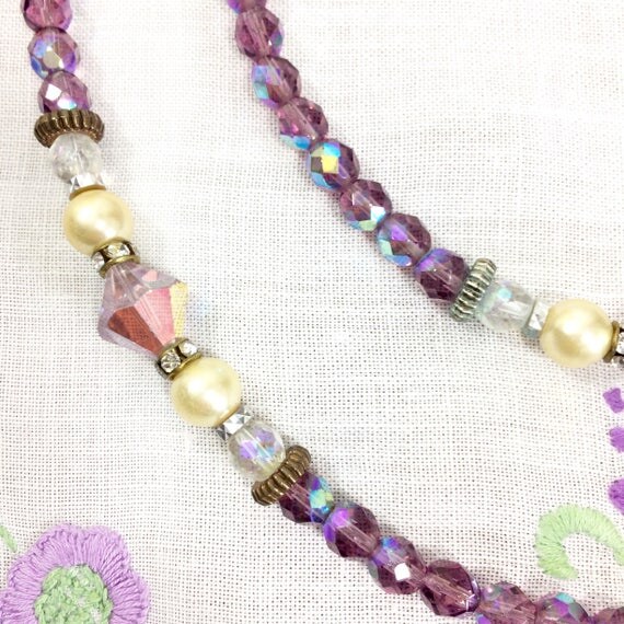 French Iridescent Glass Bead Necklace. Vintage Purple Aurora