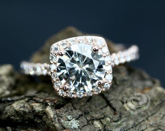 Certified Rosa 8mm/2 Carats Round Forever One G-H Color Moissanite 14k Rose Gold Diamond Halo Engagement Ring(Other Metals&Stones Available)