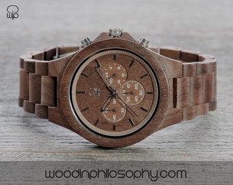Wood Watch Walnut | Engraved Wooden Watch Chrono | Personalized All Wood Watch For Men | Wood Chronograph Watch | Best Gift For Men