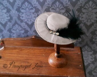 Handmade 1/12th Grey-Beige Edwardian, Victorian or 1940's Hat Dollhouse Miniature, 1:12