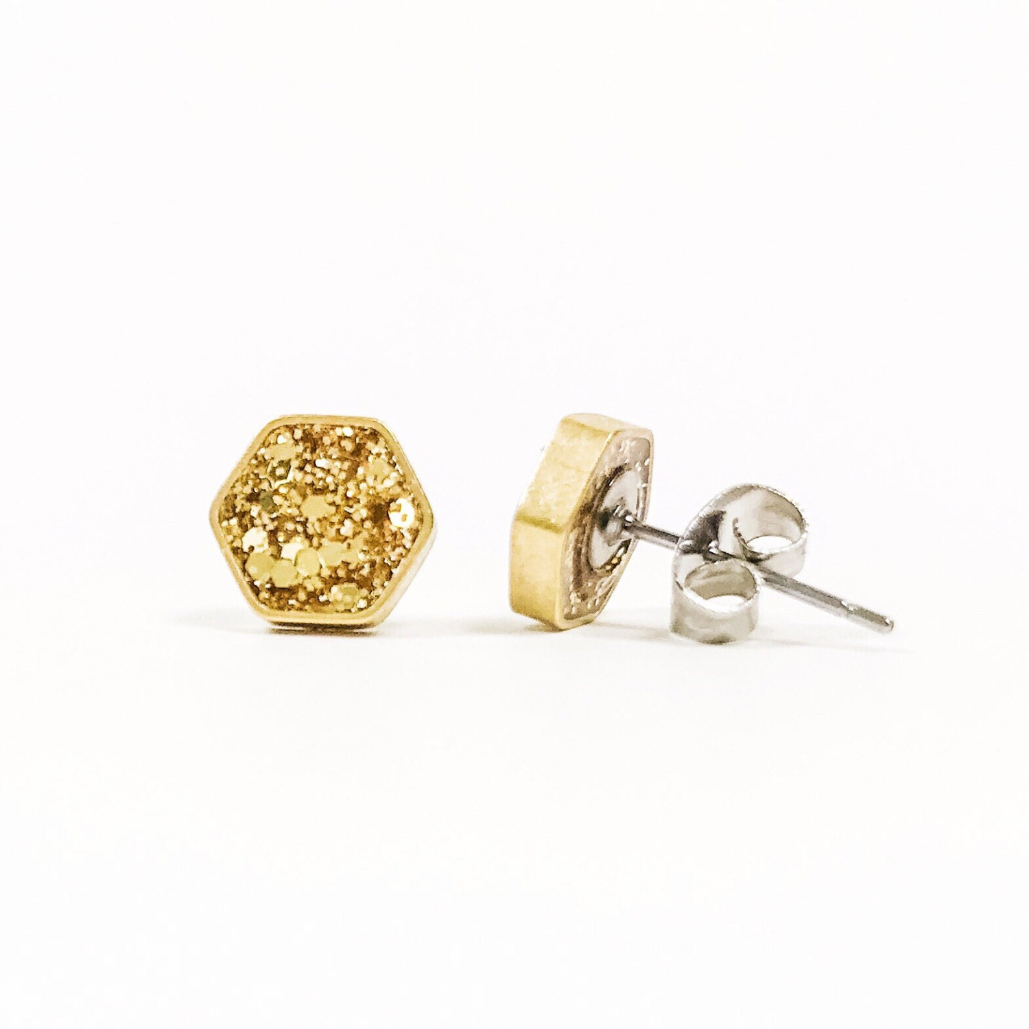 Hexagon Stud Earrings Gold Glitter Studs Gold Hexagon Earrings
