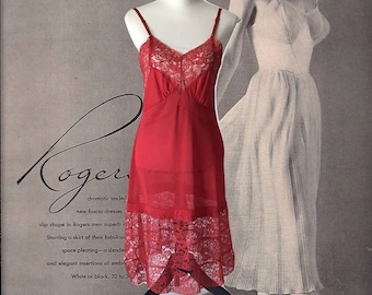 Vintage Lingerie Full Slip Red Underwear 60's Richform Lingerie Lace Bodice and Hem Nightgown Red Slip Dress Boudoir Size 36